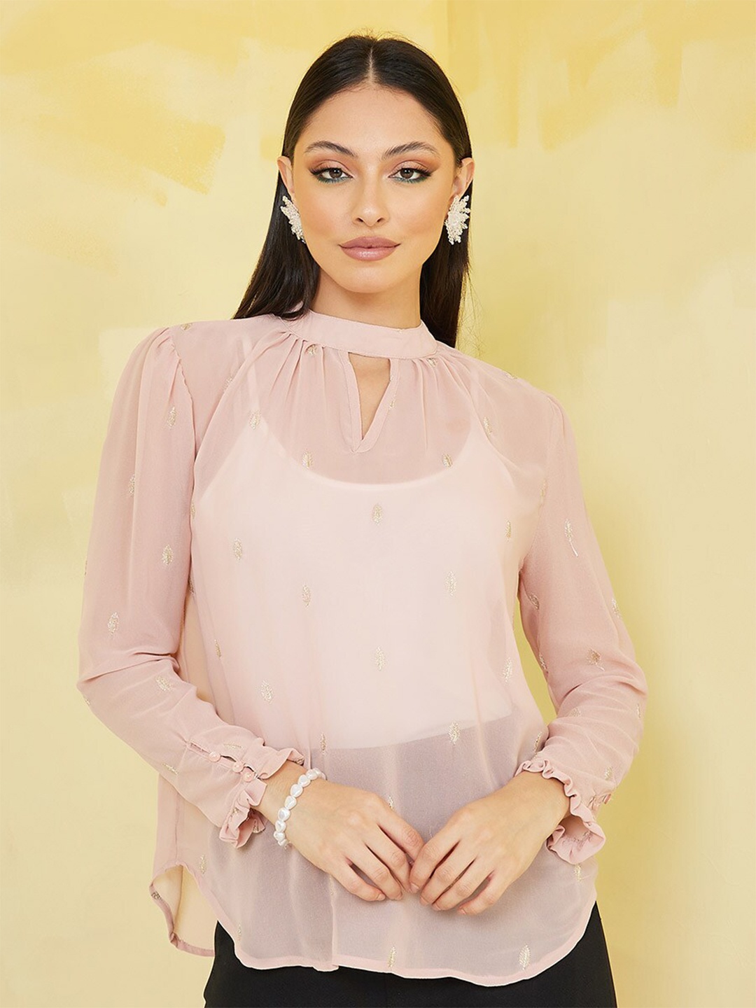 Styli Pink Embellished Keyhole Neck Top