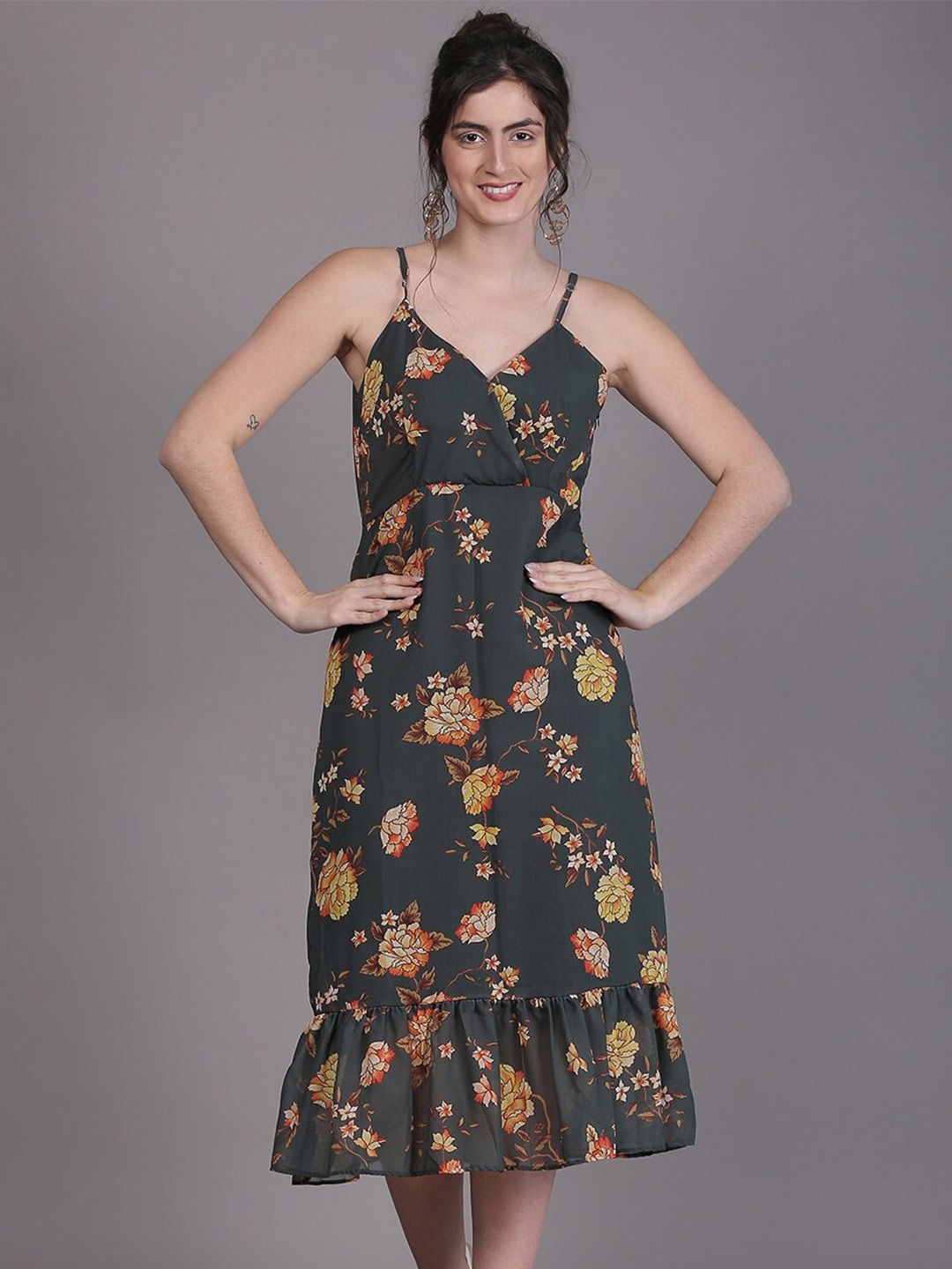 DESI WOMANIYA Floral Print Georgette A-Line Midi Dress, Green