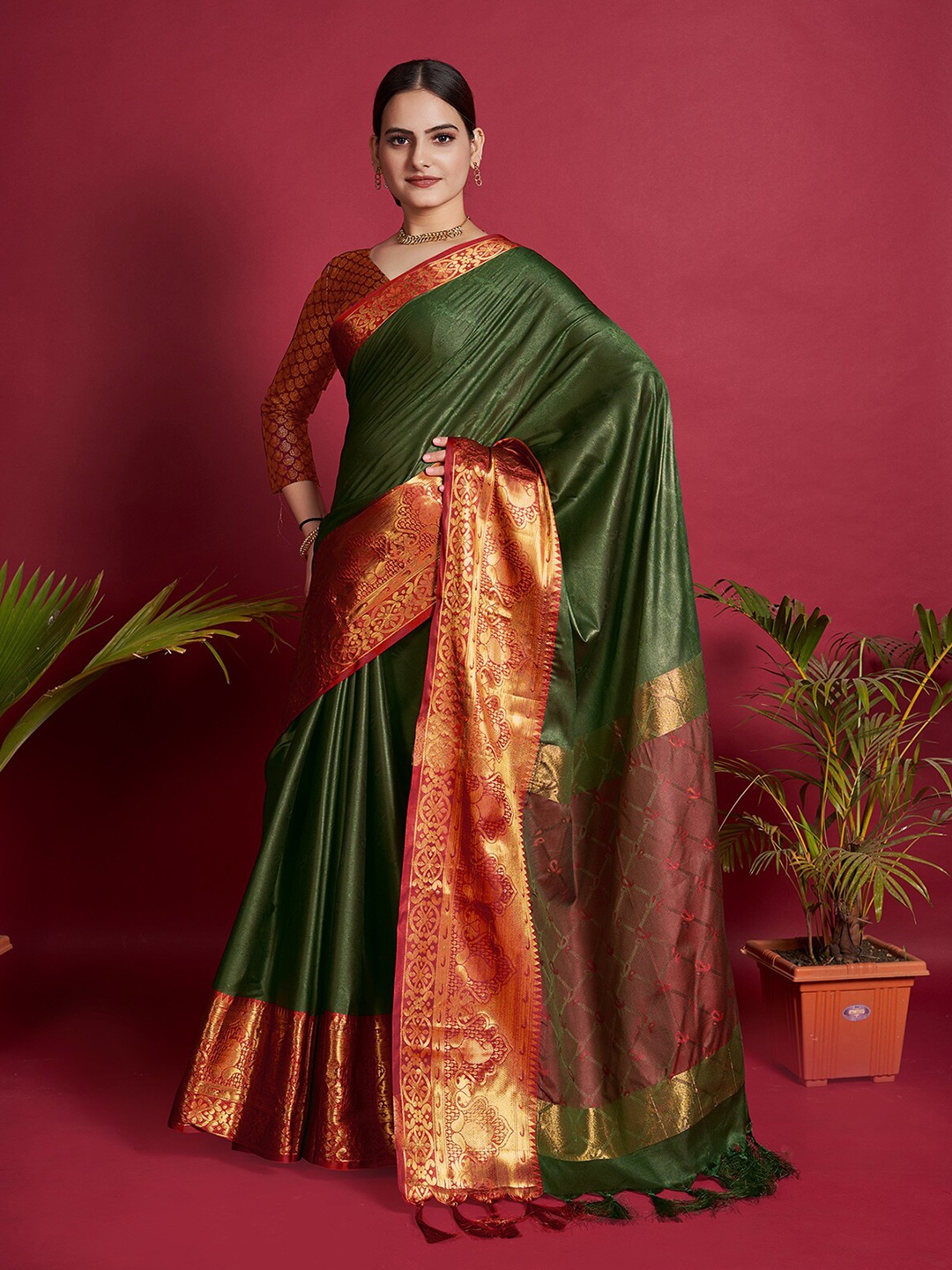 Anjaneya Sarees Cotton Silk Zari Saree, Green