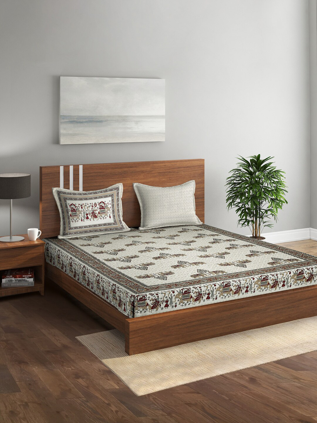Rajasthan Decor Beige & Brown Printed Pure Cotton 160 TC King Bedsheet & 2 Pillow Covers
Rajasthan Decor Beige & Brown Printed Pure Cotton 160 TC King Bedsheet & 2 Pillow Covers