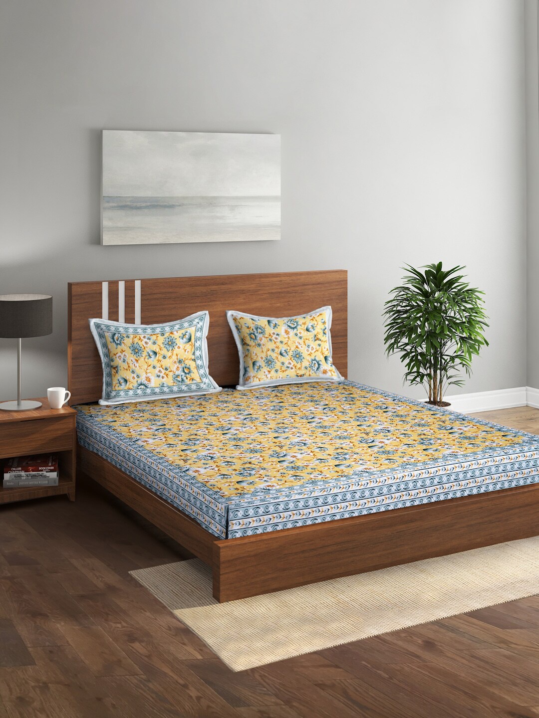 Rajasthan Decor Yellow & Blue Floral Pure Cotton 144 TC King Bedsheet & 2 Pillow Covers
Rajasthan Decor Yellow & Blue Floral Pure Cotton 144 TC King Bedsheet & 2 Pillow Covers