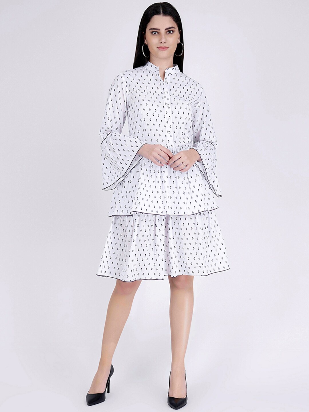 First Resort by Ramola Bachchan Geometric Printed Bell Sleeves Layered Fit & Flare Dress, White
First Resort by Ramola Bachchan Geometric Printed Bell Sleeves Layered Fit & Flare Dress, White