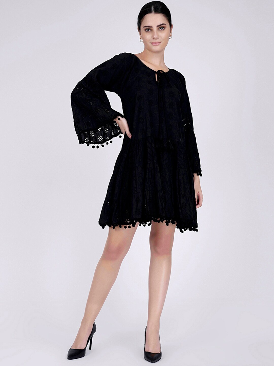 First Resort by Ramola Bachchan Self Design Pom-Pom Flared Sleeves Schiffli A-Line Dress, Black
First Resort by Ramola Bachchan Self Design Pom-Pom Flared Sleeves Schiffli A-Line Dress, Black