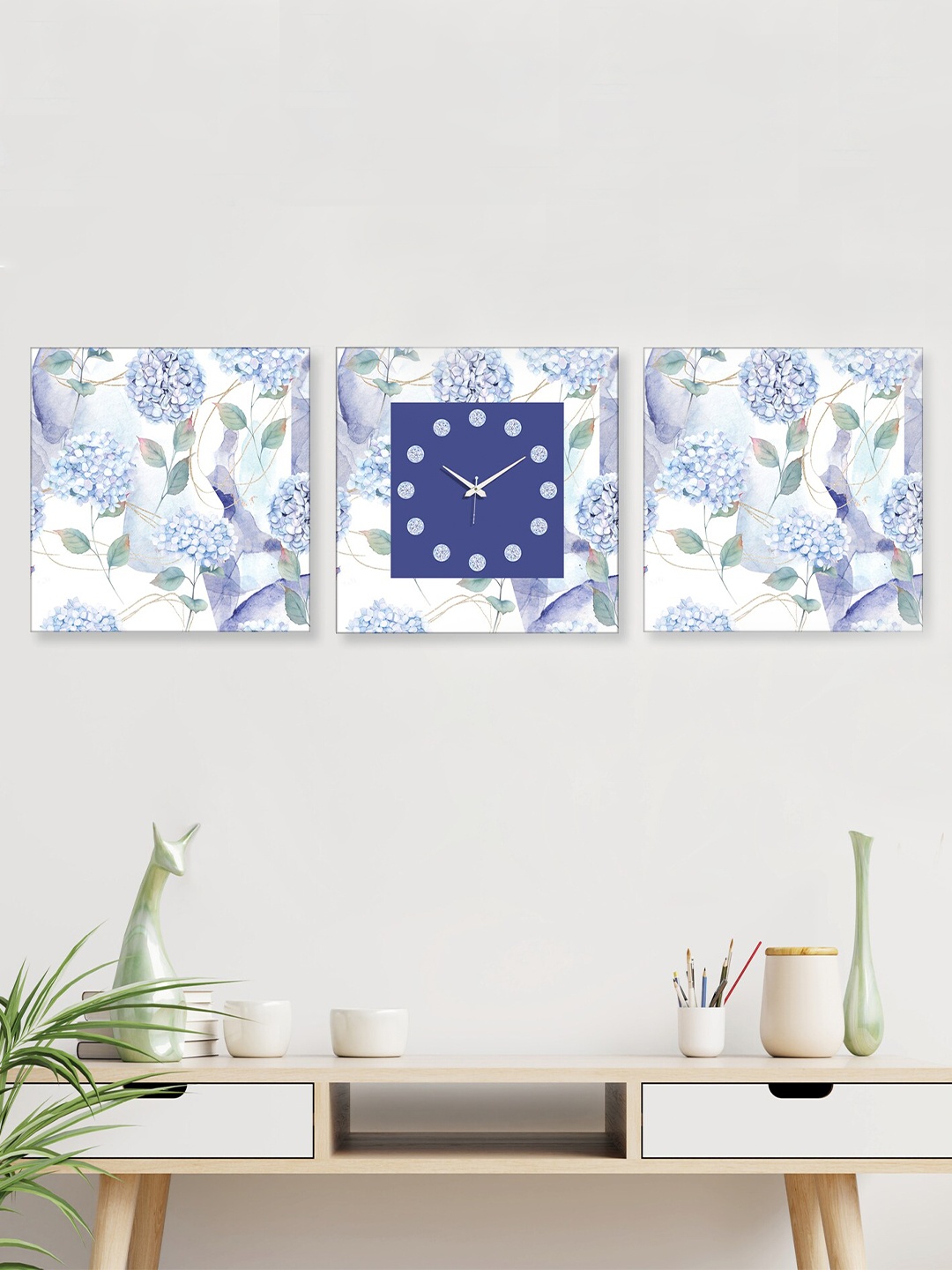 RANDOM White & Purple 2 Pieces Printed Wall Art With Square wall Clock