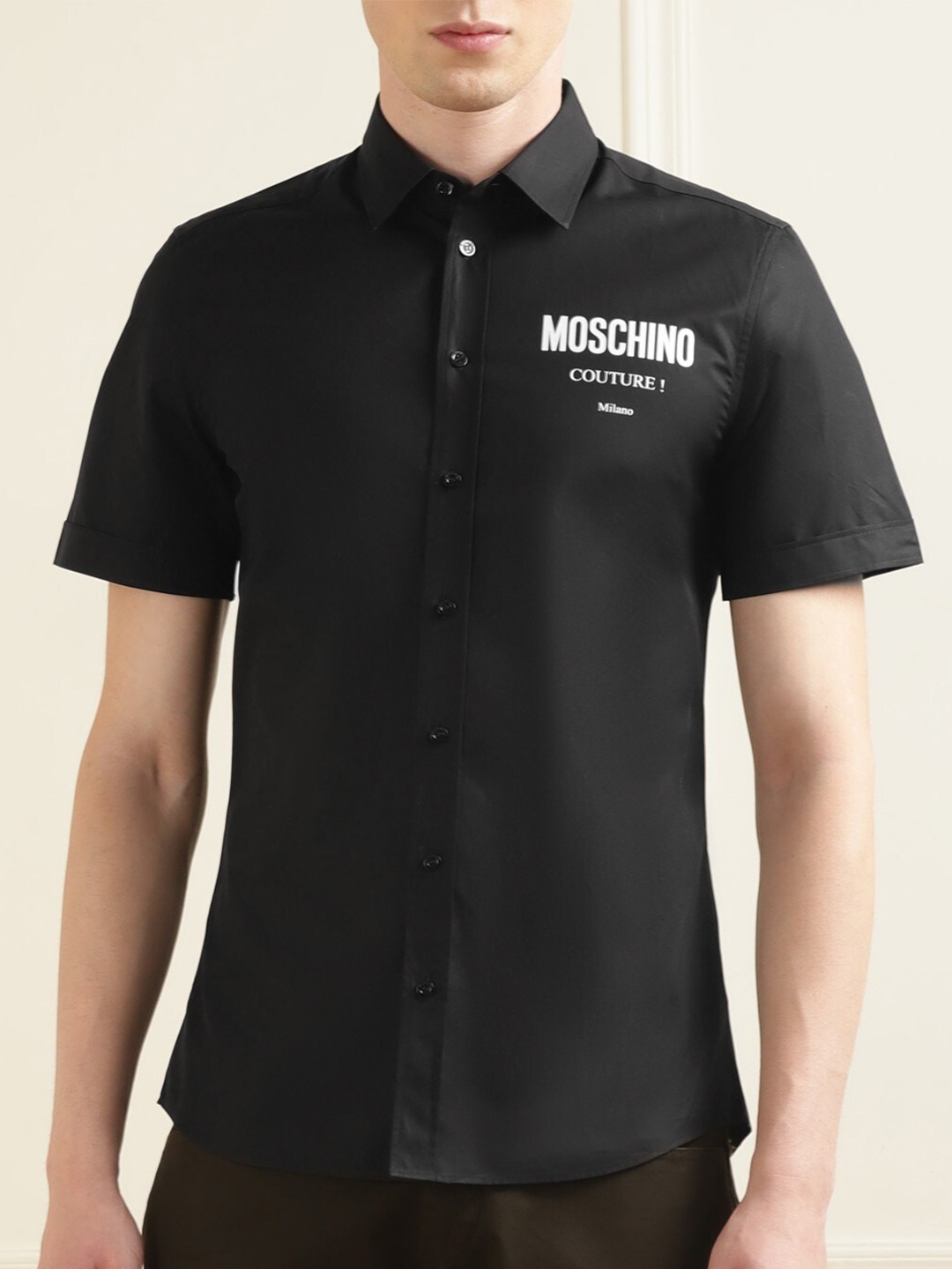 MOSCHINO COUTURE Spread Collar Short Sleeves Cotton Casual Shirt, Black