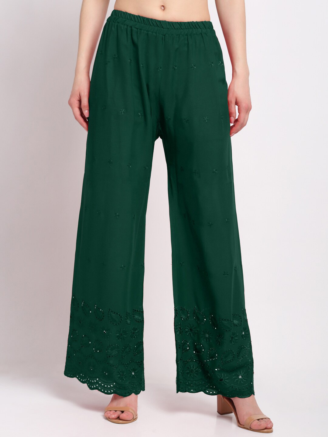 KLOTTHE Women Embroidered Wide Leg Palazzo, Green