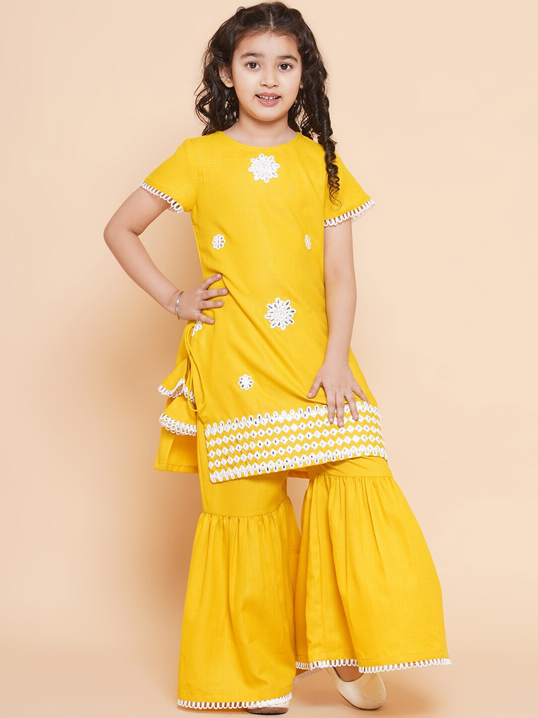 Bitiya by Bhama Girls Ethnic Motifs Embroidered Gotta Patti Kurta with Sharara, Yellow
Bitiya by Bhama Girls Ethnic Motifs Embroidered Gotta Patti Kurta with Sharara, Yellow