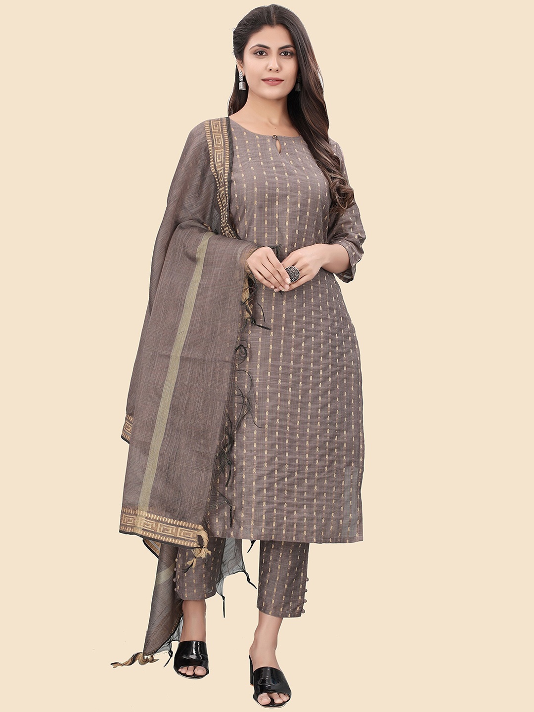 KALINI Ethnic Motifs Woven Design Jacquard Chanderi Cotton Kurta with Trousers & Dupatta, Brown
KALINI Ethnic Motifs Woven Design Jacquard Chanderi Cotton Kurta with Trousers & Dupatta, Brown