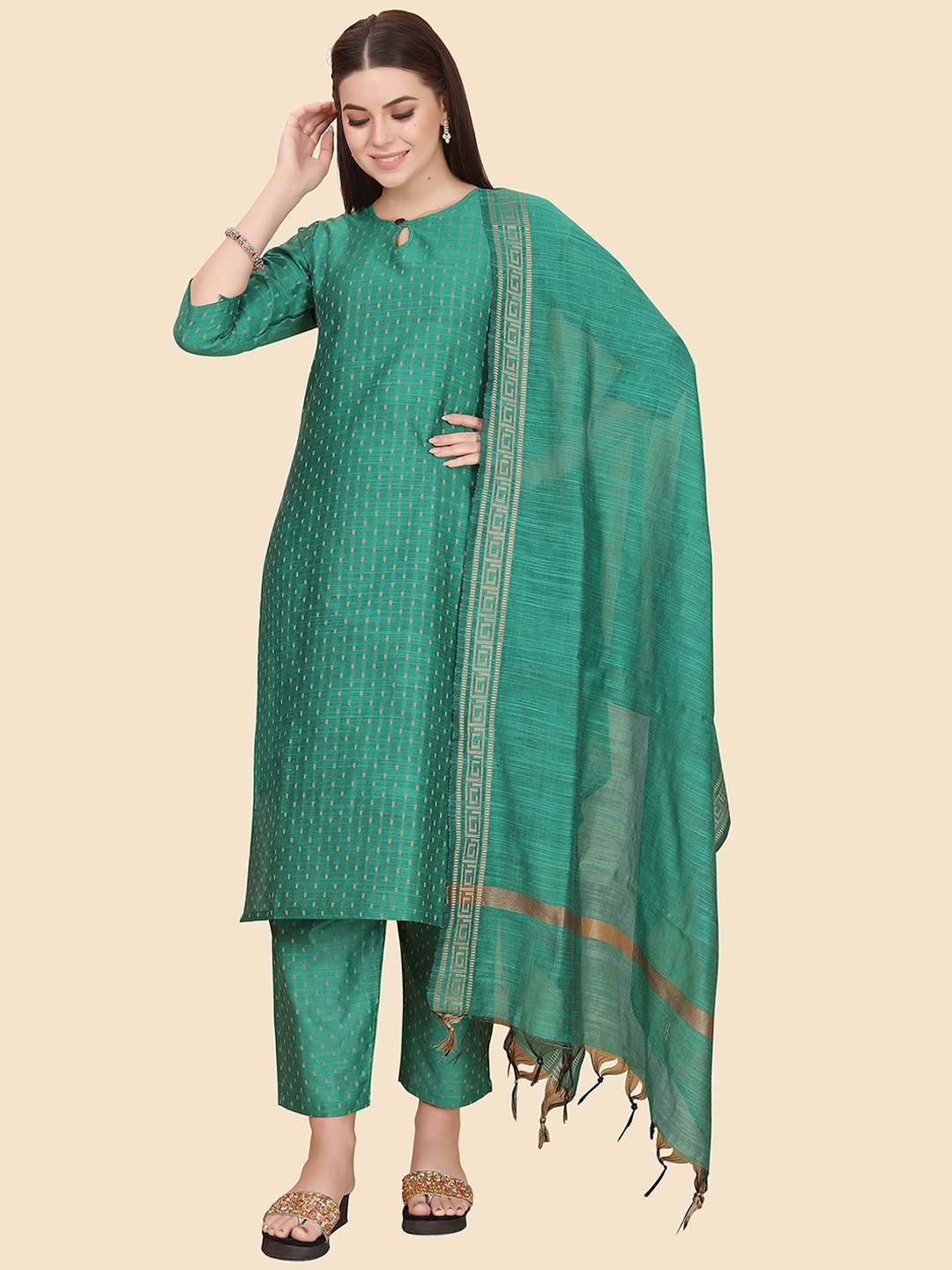 KALINI Ethnic Motifs Woven Design Jacquard Chanderi Cotton Kurta with Trousers & Dupatta, Green
KALINI Ethnic Motifs Woven Design Jacquard Chanderi Cotton Kurta with Trousers & Dupatta, Green