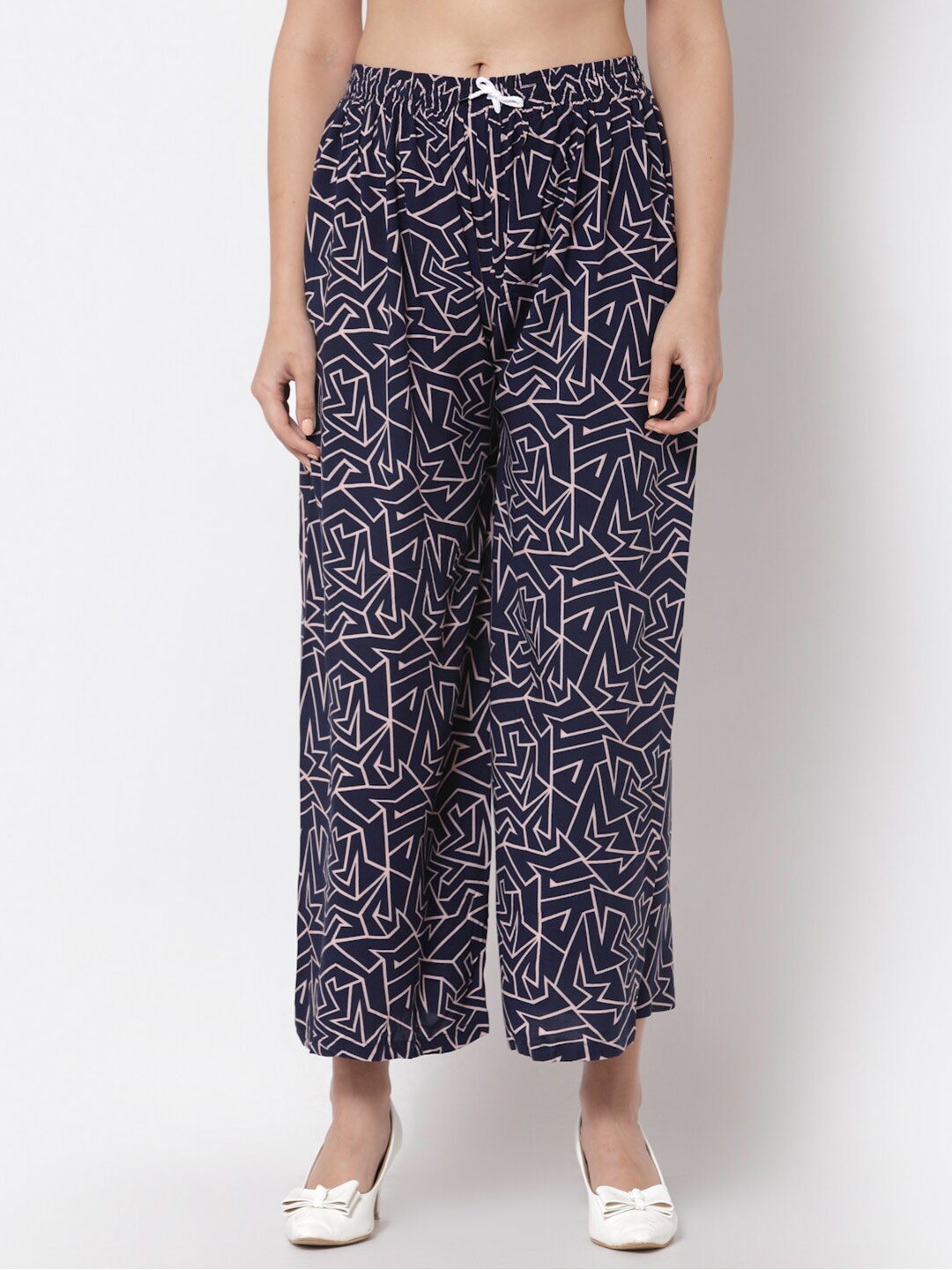 KLOTTHE Women Printed Cotton Wide Leg Palazzo, Navy blue