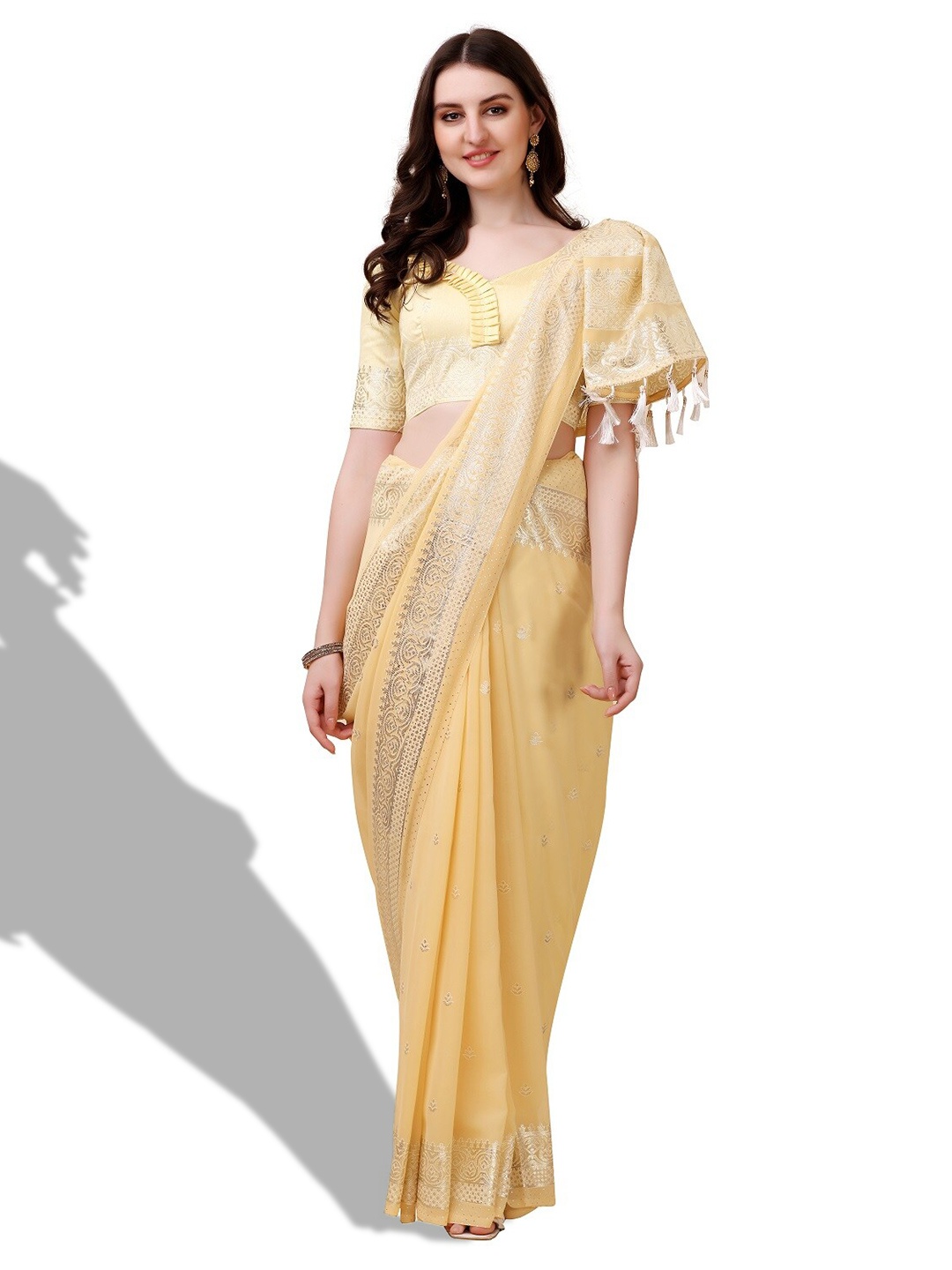 ZEEPKART Ethnic Motifs Woven Design Zari Pure Silk Saree, Yellow