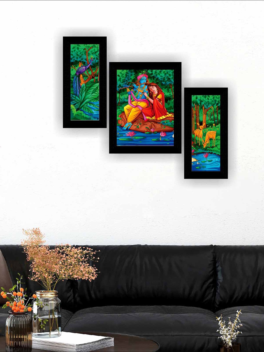 SAF Black & Green 3 Pieces Radha Krishna Modern Wall Art Paintings