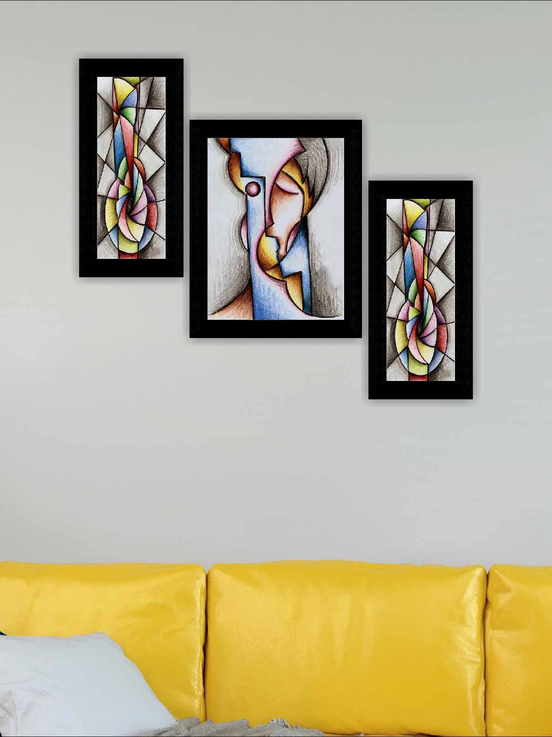 SAF Black & Blue 3 Pieces Modern Art Framed Wall Painting