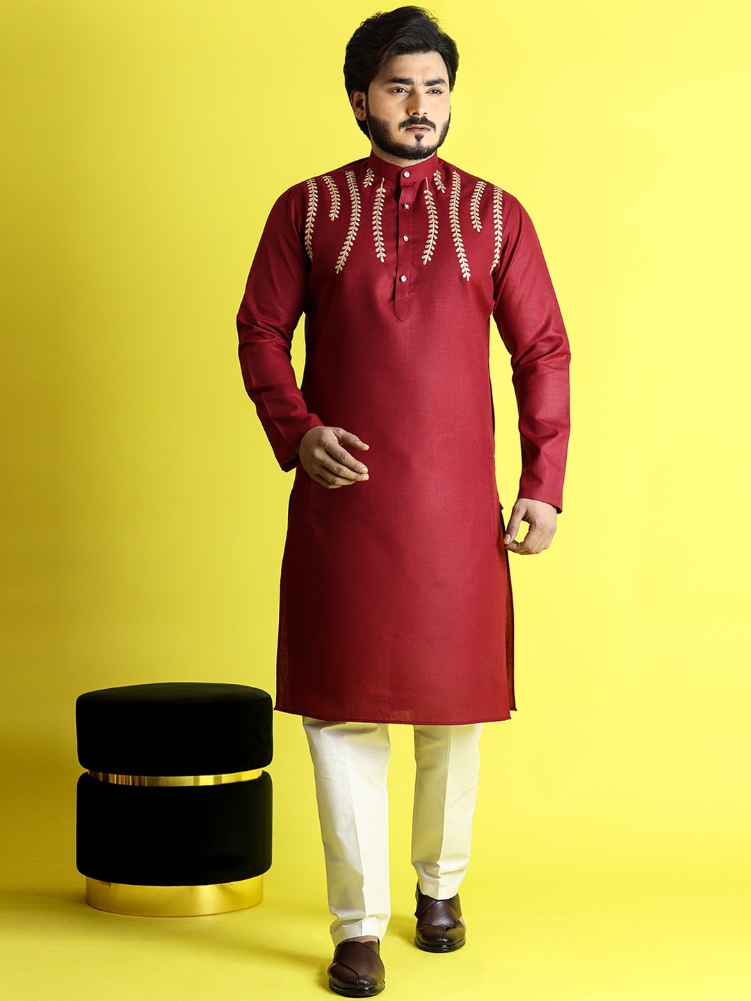 Tibra Collection Band Collar Embroidered Gotti Patti Pure Cotton Kurta with Pyjamas, Maroon
Tibra Collection Band Collar Embroidered Gotti Patti Pure Cotton Kurta with Pyjamas, Maroon