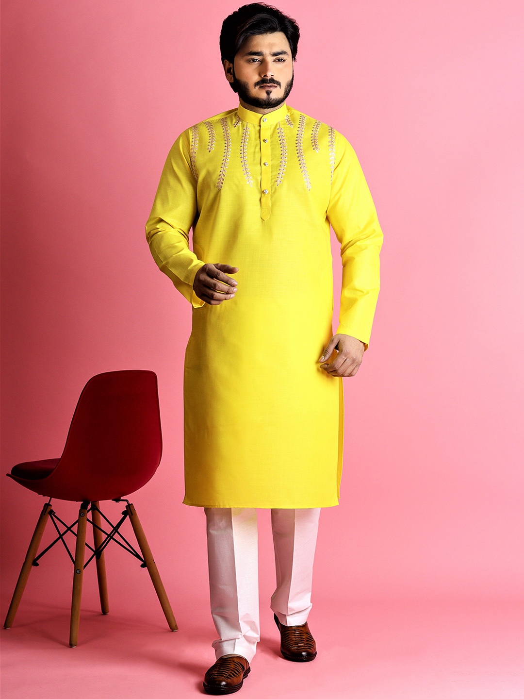 Tibra Collection Band Collar Embroidered Gotti Patti Pure Cotton Kurta with Pyjamas, Yellow
Tibra Collection Band Collar Embroidered Gotti Patti Pure Cotton Kurta with Pyjamas, Yellow