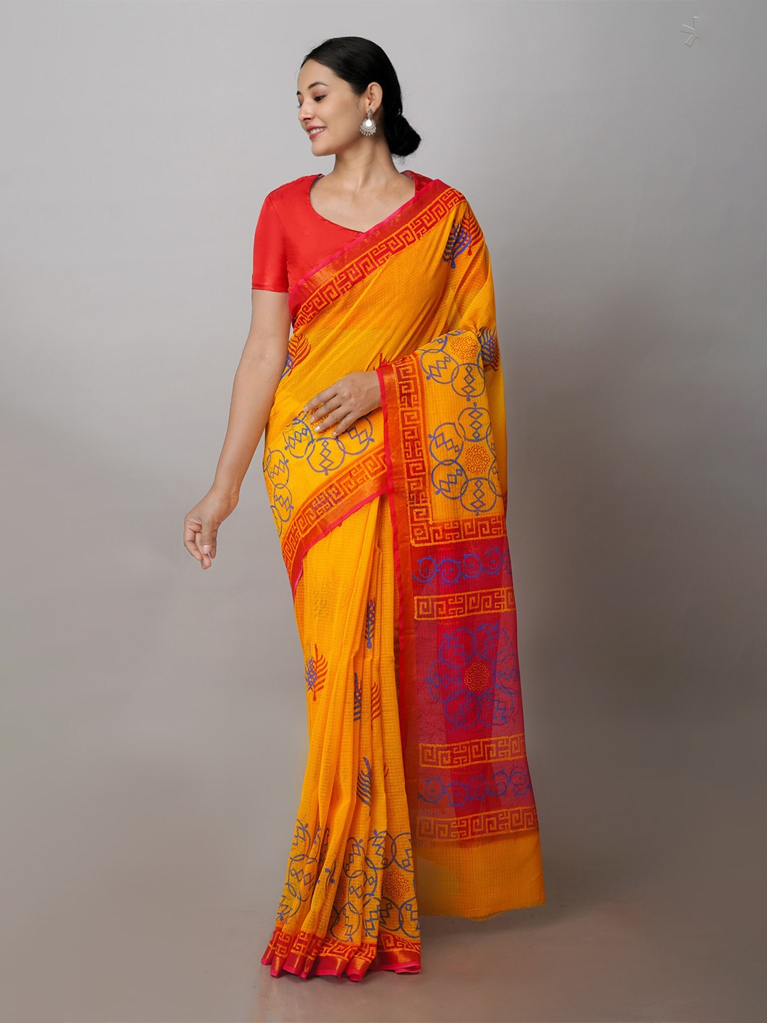 Unnati Silks Floral Printed Zari Pure Cotton Kota Saree, Yellow
