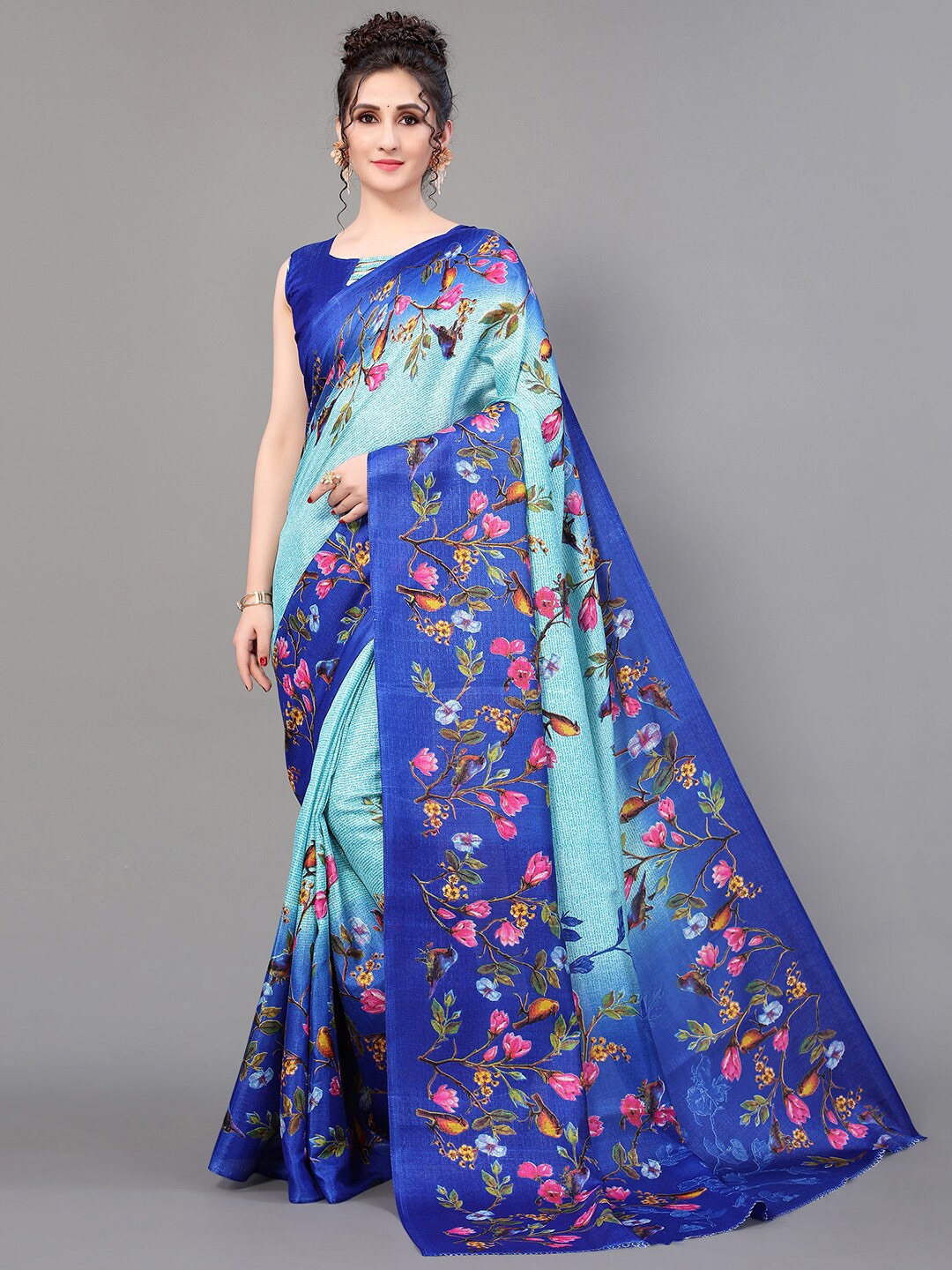 GORGONE Floral Printed Saree, Turquoise blue
