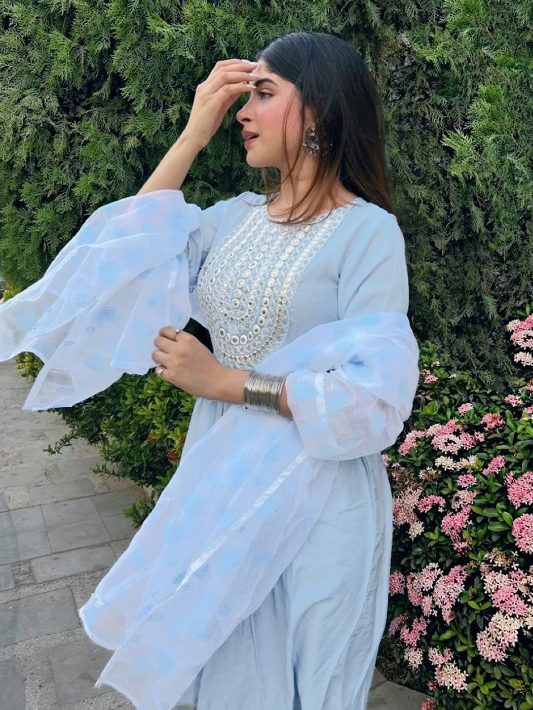 SKYLEE Yoke Design Mirror Work Kurta with Trousers & Dupatta, Blue
SKYLEE Yoke Design Mirror Work Kurta with Trousers & Dupatta, Blue