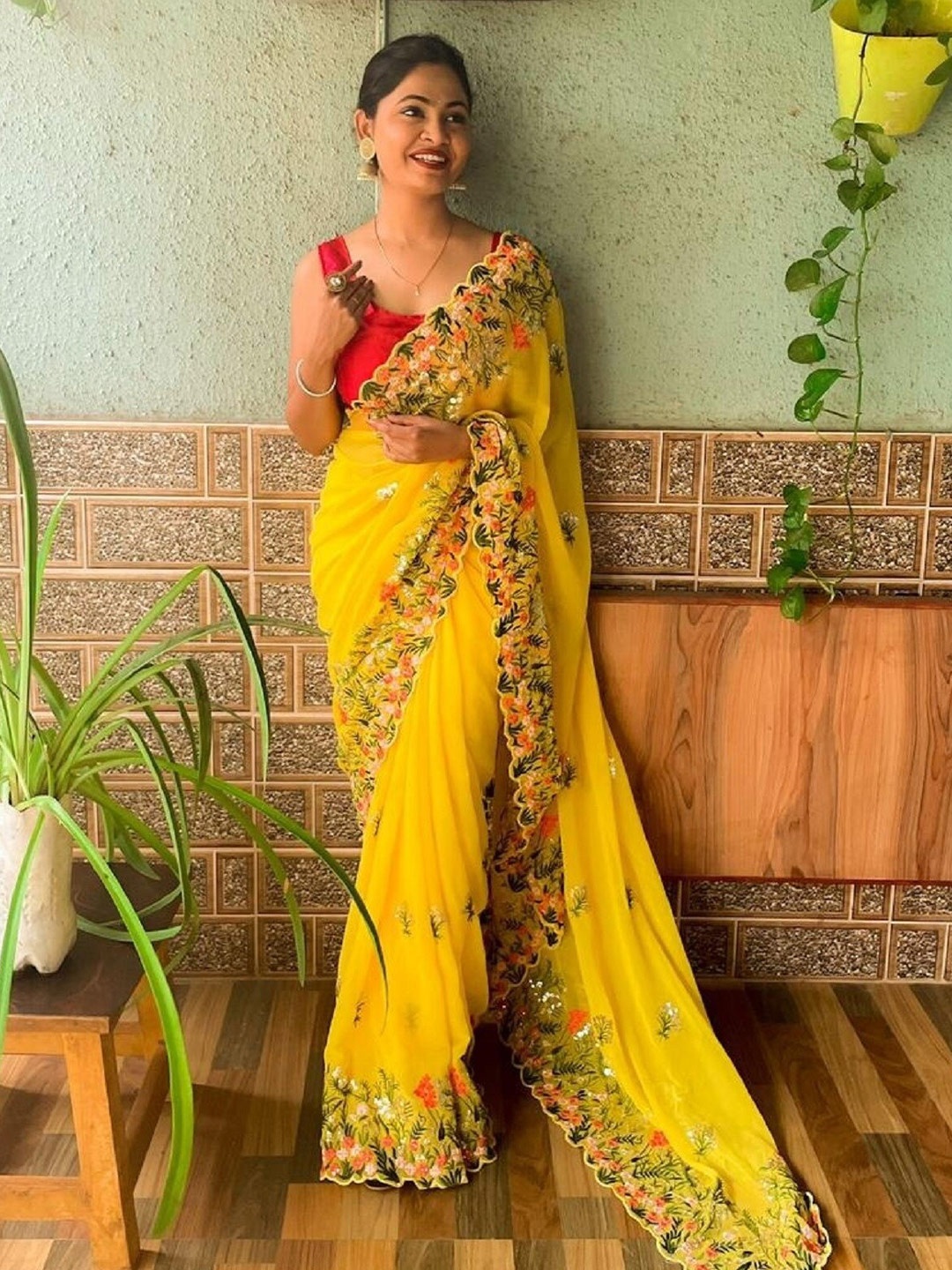 Mitera Floral Embroidered Sequinned Poly Georgette Saree, Yellow