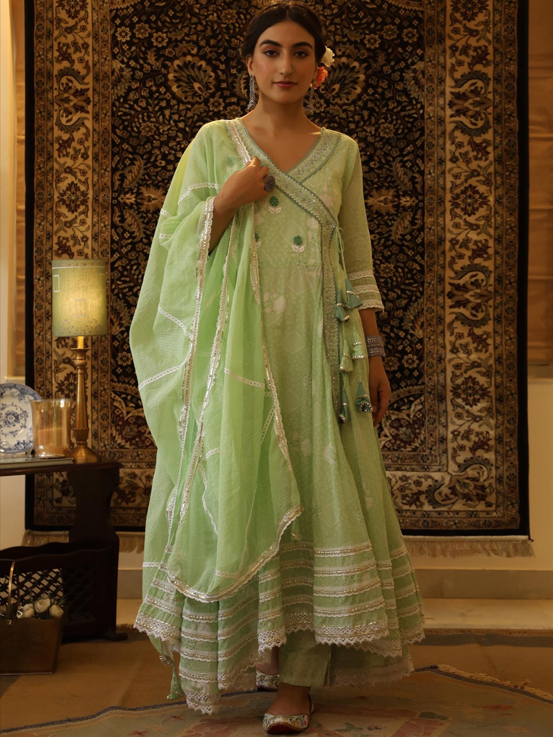 SCAKHI Floral Printed Angrakha Gotta Patti Pure Cotton Kurta With Trousers & Dupatta, Green
SCAKHI Floral Printed Angrakha Gotta Patti Pure Cotton Kurta With Trousers & Dupatta, Green