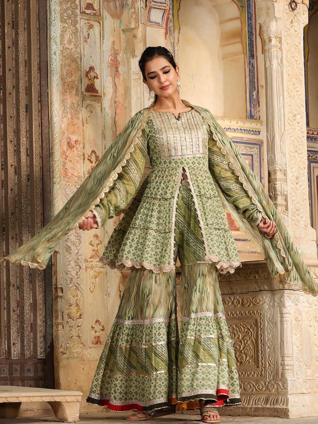 SCAKHI Ethnic Motifs Printed High Slit Pure Cotton Kurti With Sharara & Dupatta, Olive
SCAKHI Ethnic Motifs Printed High Slit Pure Cotton Kurti With Sharara & Dupatta, Olive