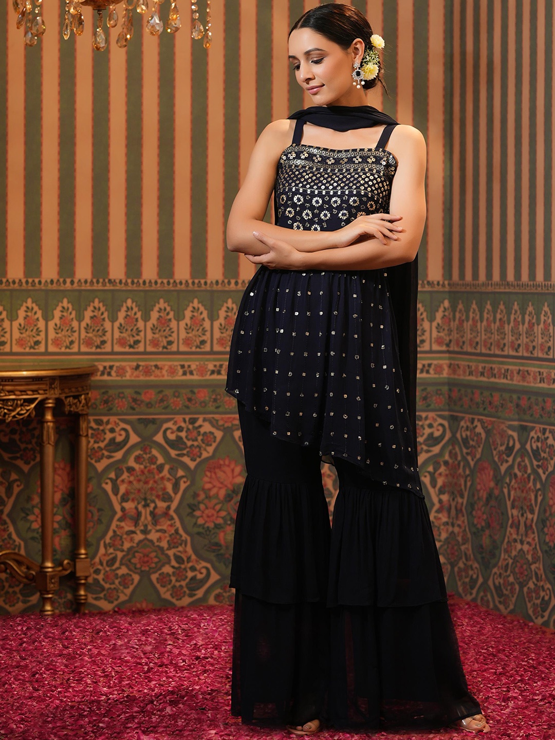SCAKHI Ethnic Motifs Embroidered Pleated Georgette Kurti With Sharara & Dupatta, Navy blue
SCAKHI Ethnic Motifs Embroidered Pleated Georgette Kurti With Sharara & Dupatta, Navy blue
