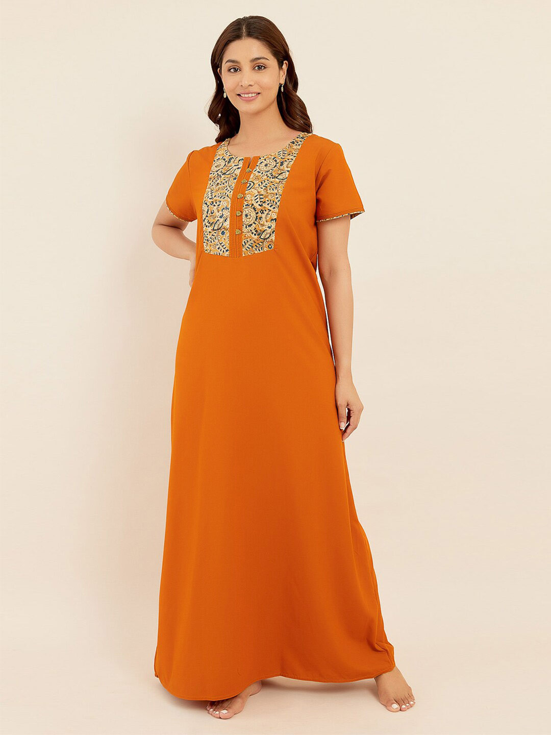 Maybell Ethnic Motifs Printed Maxi Nightdress, Mustard 
Maybell Ethnic Motifs Printed Maxi Nightdress, Mustard