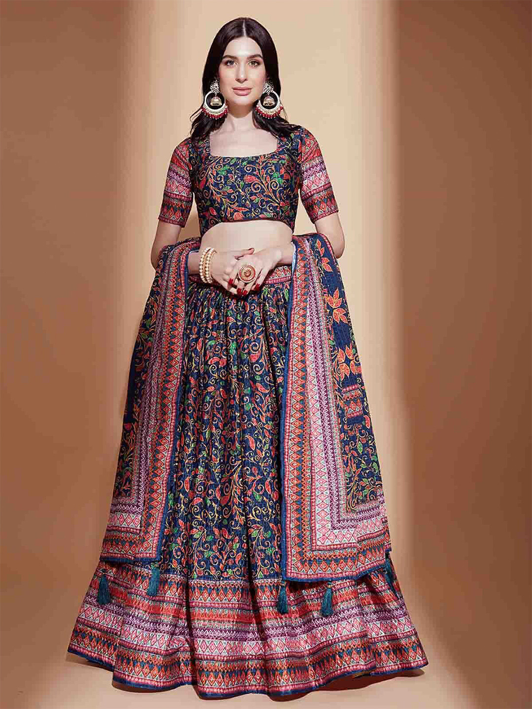 ODETTE Printed Short Sleeves Semi-Stitched Lehenga & Unstitched Blouse With Dupatta, Navy blue 
ODETTE Printed Short Sleeves Semi-Stitched Lehenga & Unstitched Blouse With Dupatta, Navy blue