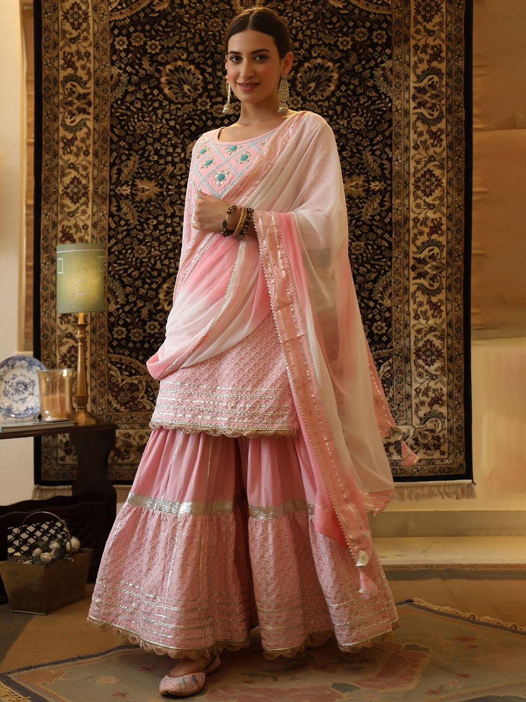 SCAKHI Ethnic Motifs Embroidered Chikankari Pure Cotton Kurta With Sharara & Dupatta, Pink
SCAKHI Ethnic Motifs Embroidered Chikankari Pure Cotton Kurta With Sharara & Dupatta, Pink