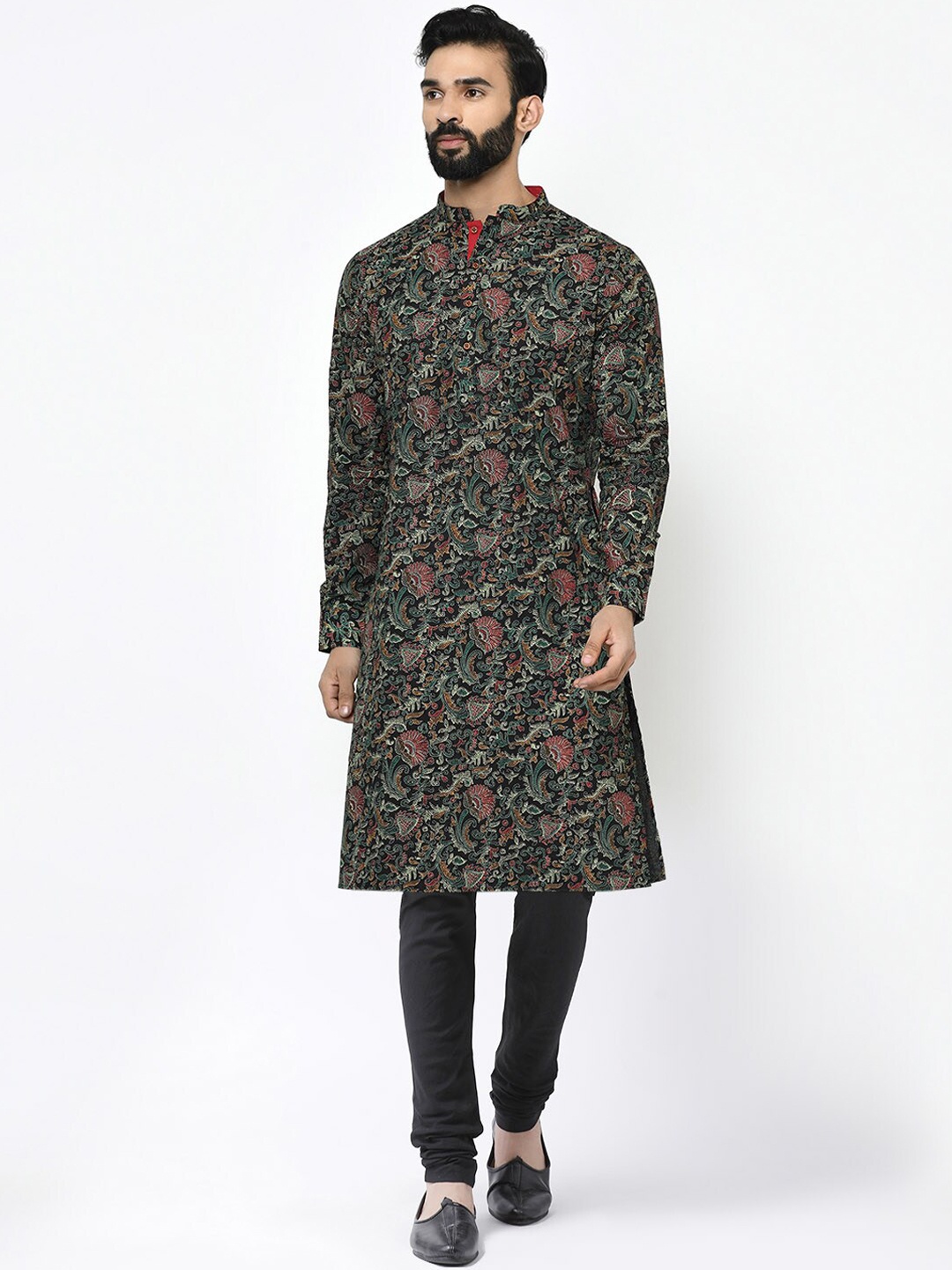 KISAH Men Mandarin Collar Floral Kantha Printed Pure Cotton Kurta with Churidar Set, Black
KISAH Men Mandarin Collar Floral Kantha Printed Pure Cotton Kurta with Churidar Set, Black