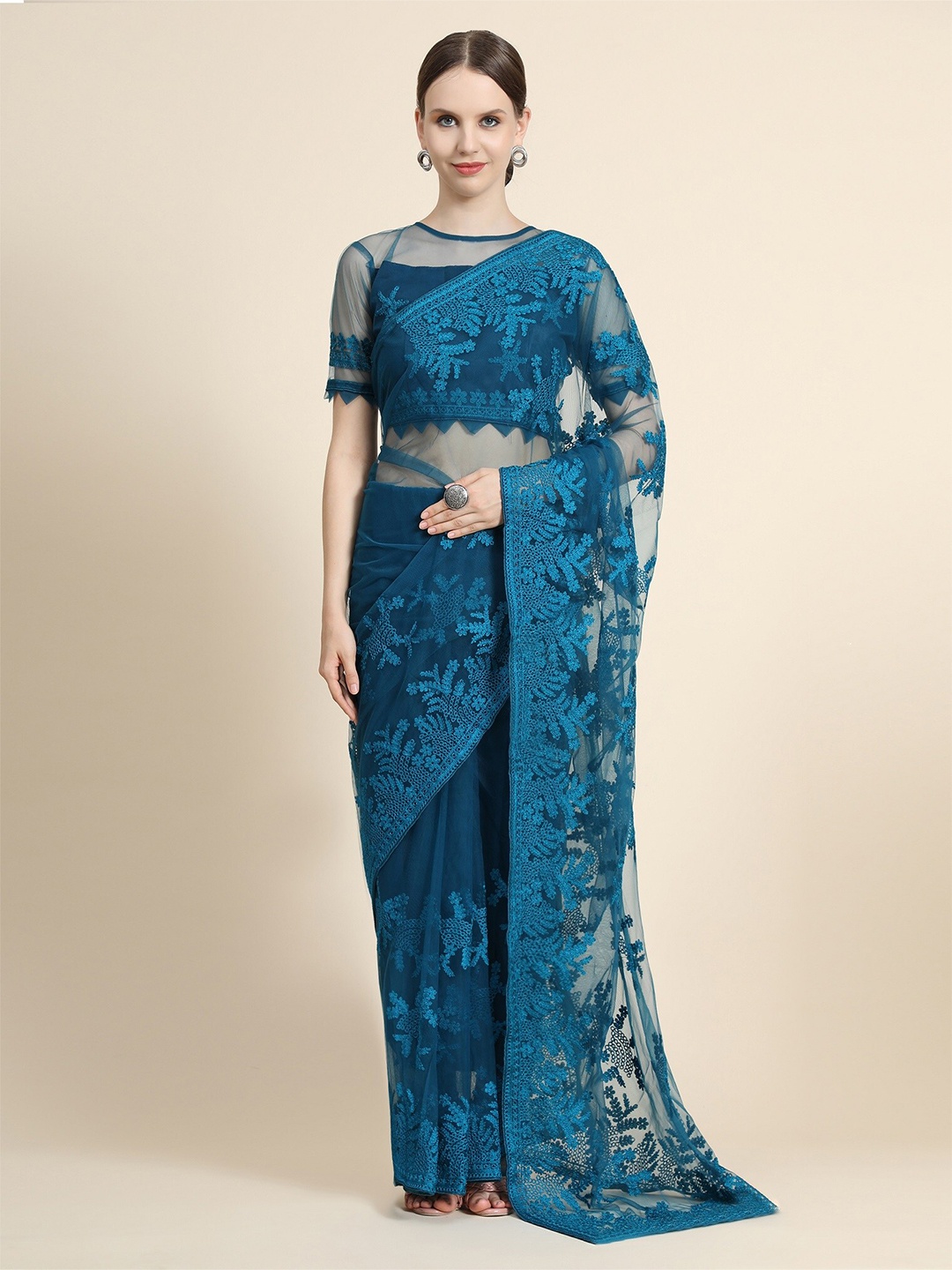 Nimidiya Floral Embroidered Net Saree, Teal