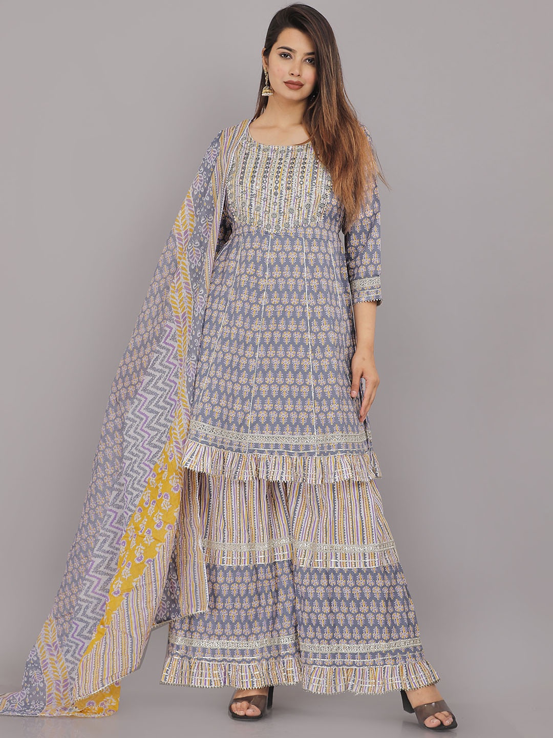 HIGHLIGHT FASHION EXPORT Printed Mirror Work Pure Cotton Kurta with Sharara & Dupatta, Blue
HIGHLIGHT FASHION EXPORT Printed Mirror Work Pure Cotton Kurta with Sharara & Dupatta, Blue