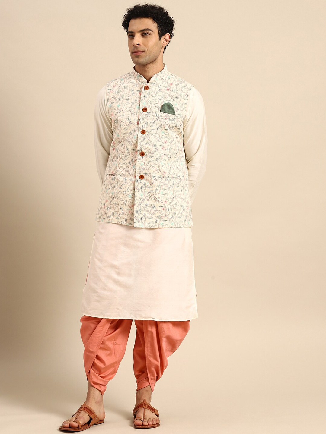 KISAH Men Mandarin Collar Straight Kurta with Dhoti Pants & Printed Nehru Jacket, Off white
KISAH Men Mandarin Collar Straight Kurta with Dhoti Pants & Printed Nehru Jacket, Off white
