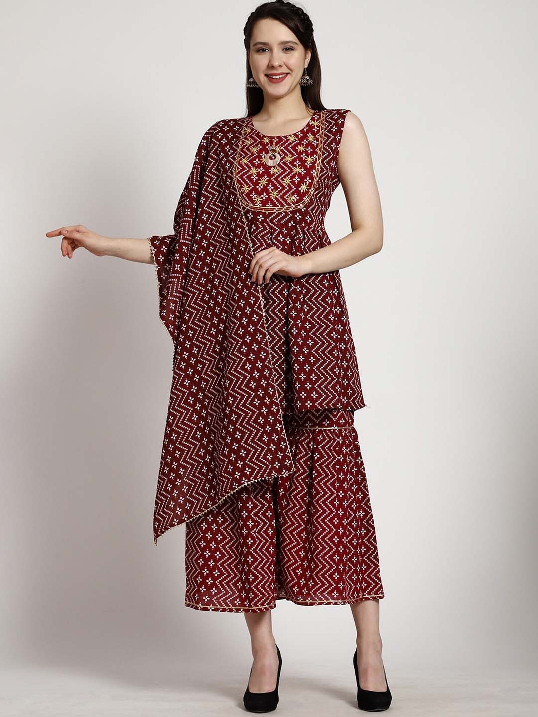 SkyaSia Ethnic Motif Printed Sleeveless Thread Work Kurti With Sharara & Dupatta, Maroon
SkyaSia Ethnic Motif Printed Sleeveless Thread Work Kurti With Sharara & Dupatta, Maroon