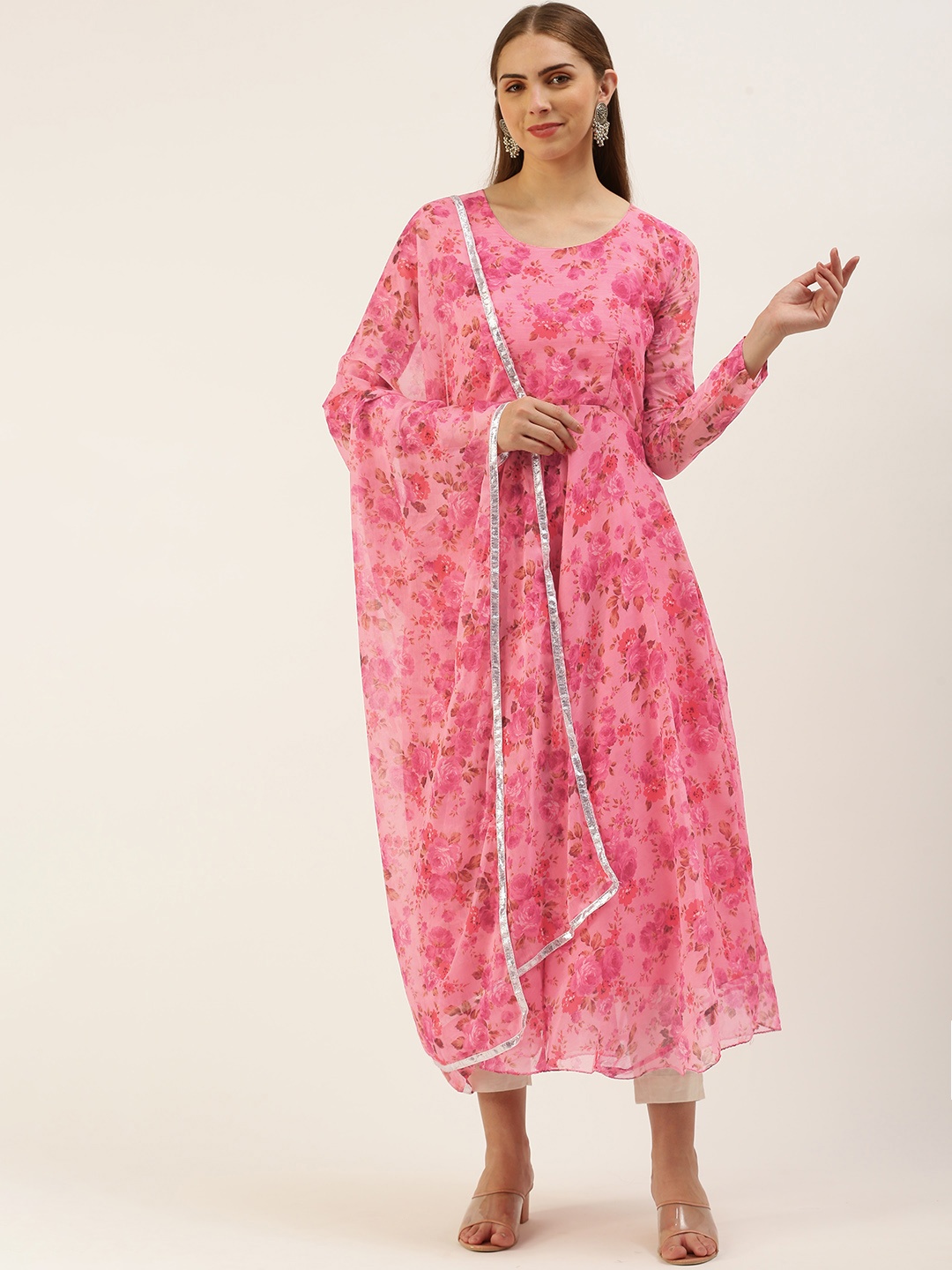 LOOKNBOOK ART Women Floral Printed Anarkali Kurta With Dupatta, Pink