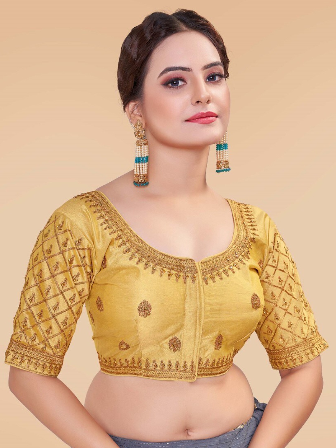HIMRISE Embroidered Round Neck Silk Saree Blouse, Gold