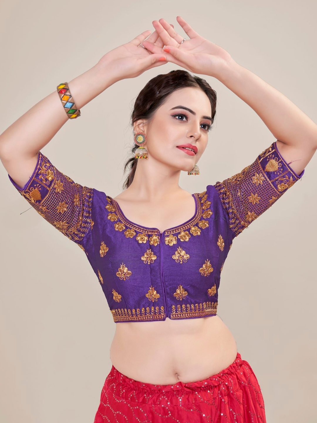 HIMRISE Embroidered Silk Saree Blouse, Purple