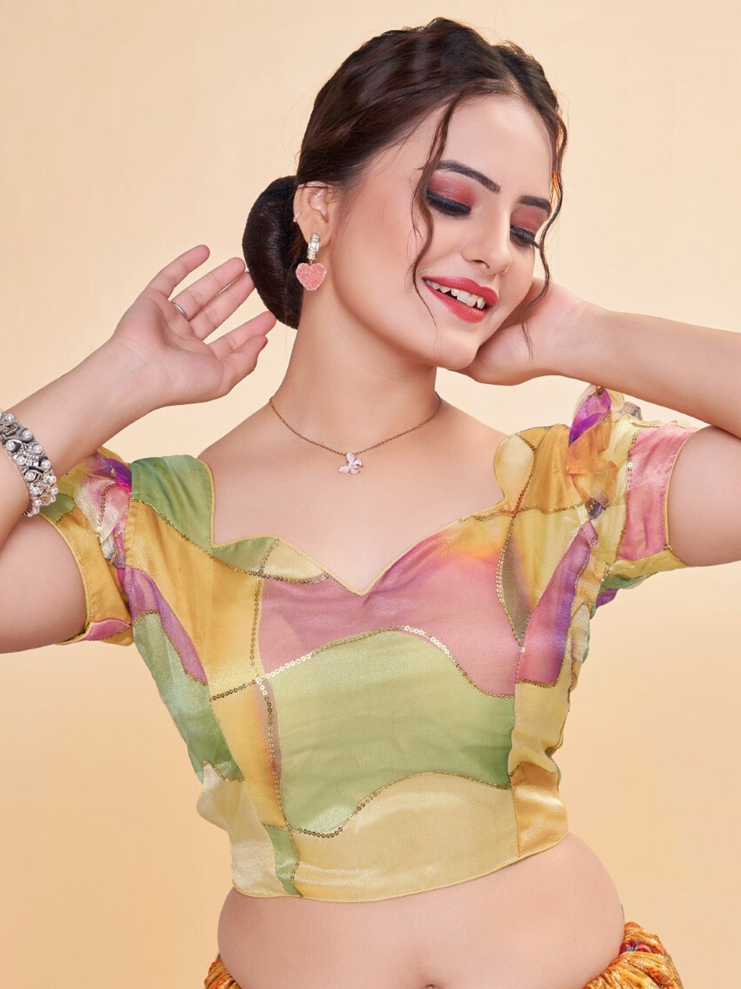 HIMRISE Embellished Organza Saree Blouse, Yellow
