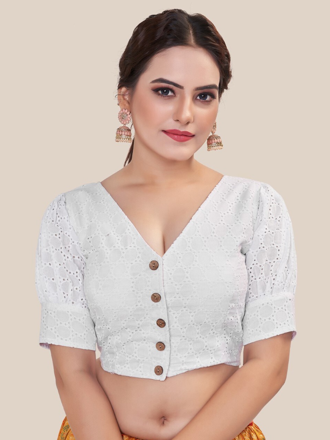 HIMRISE Embroidered V-Neck Saree Blouse, White