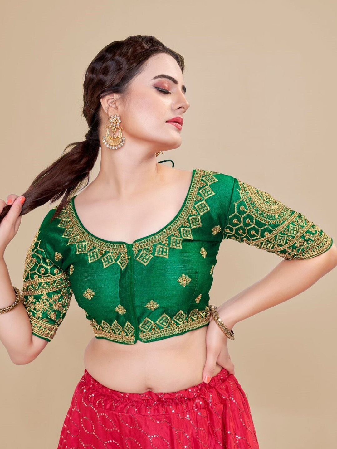 HIMRISE Embroidered Silk Saree Blouse, Green