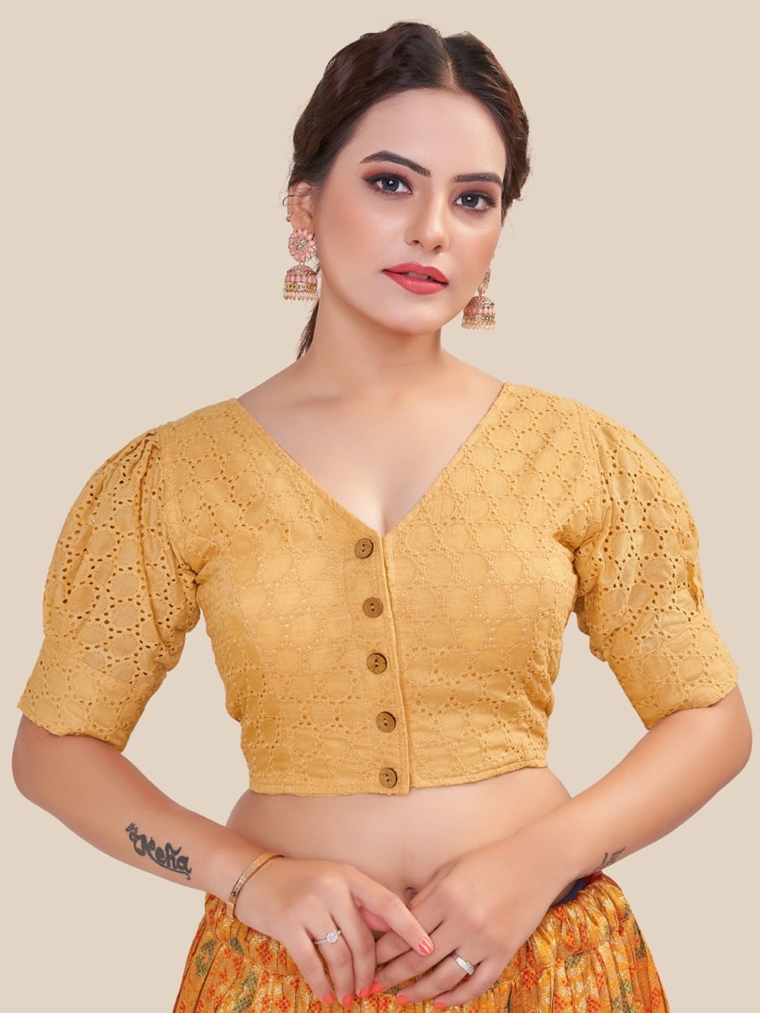HIMRISE Embellished Organza Saree Blouse, Gold