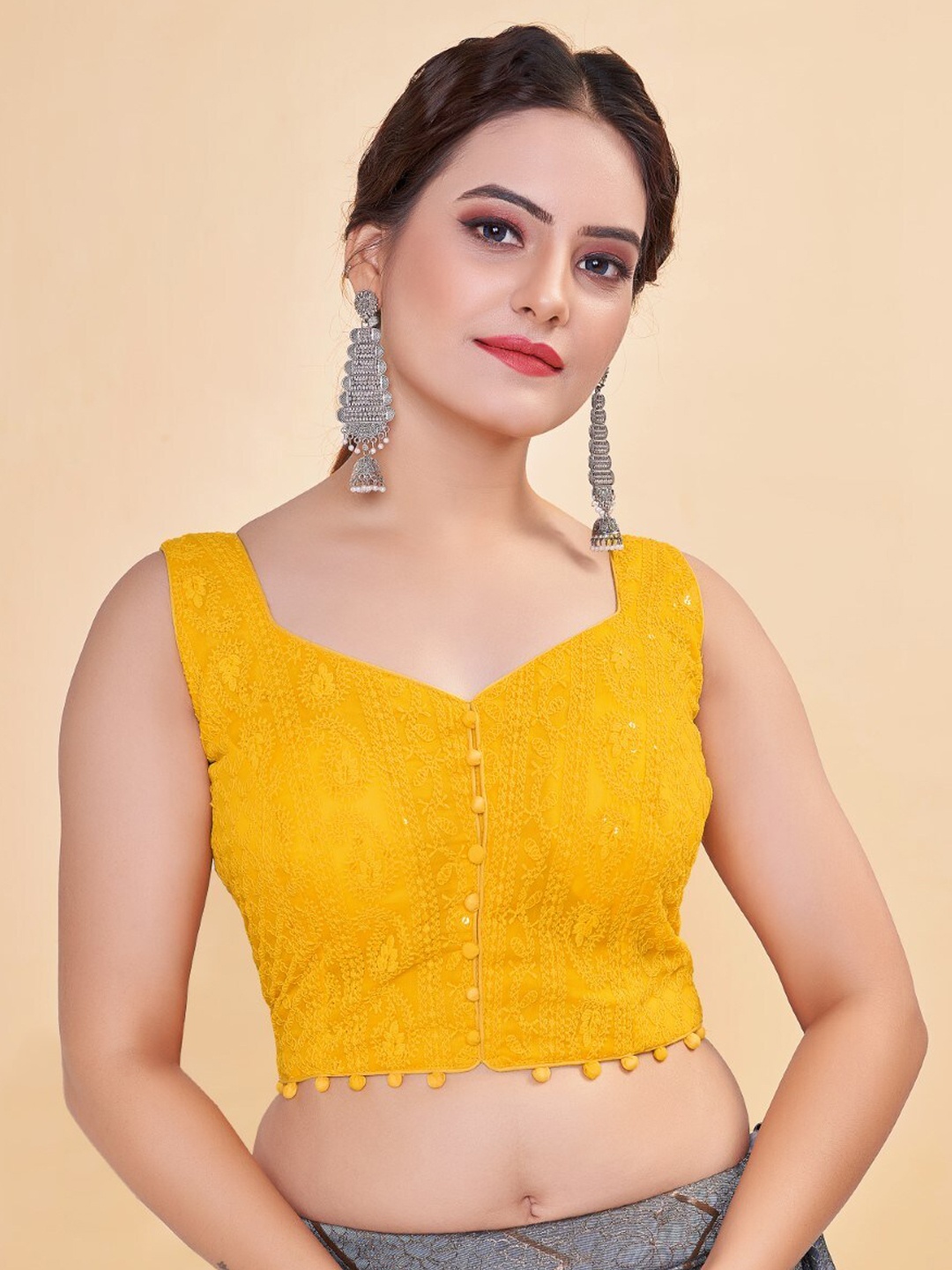 HIMRISE Embroidered Sweetheart Neck Sleeveless Saree Blouse, Yellow