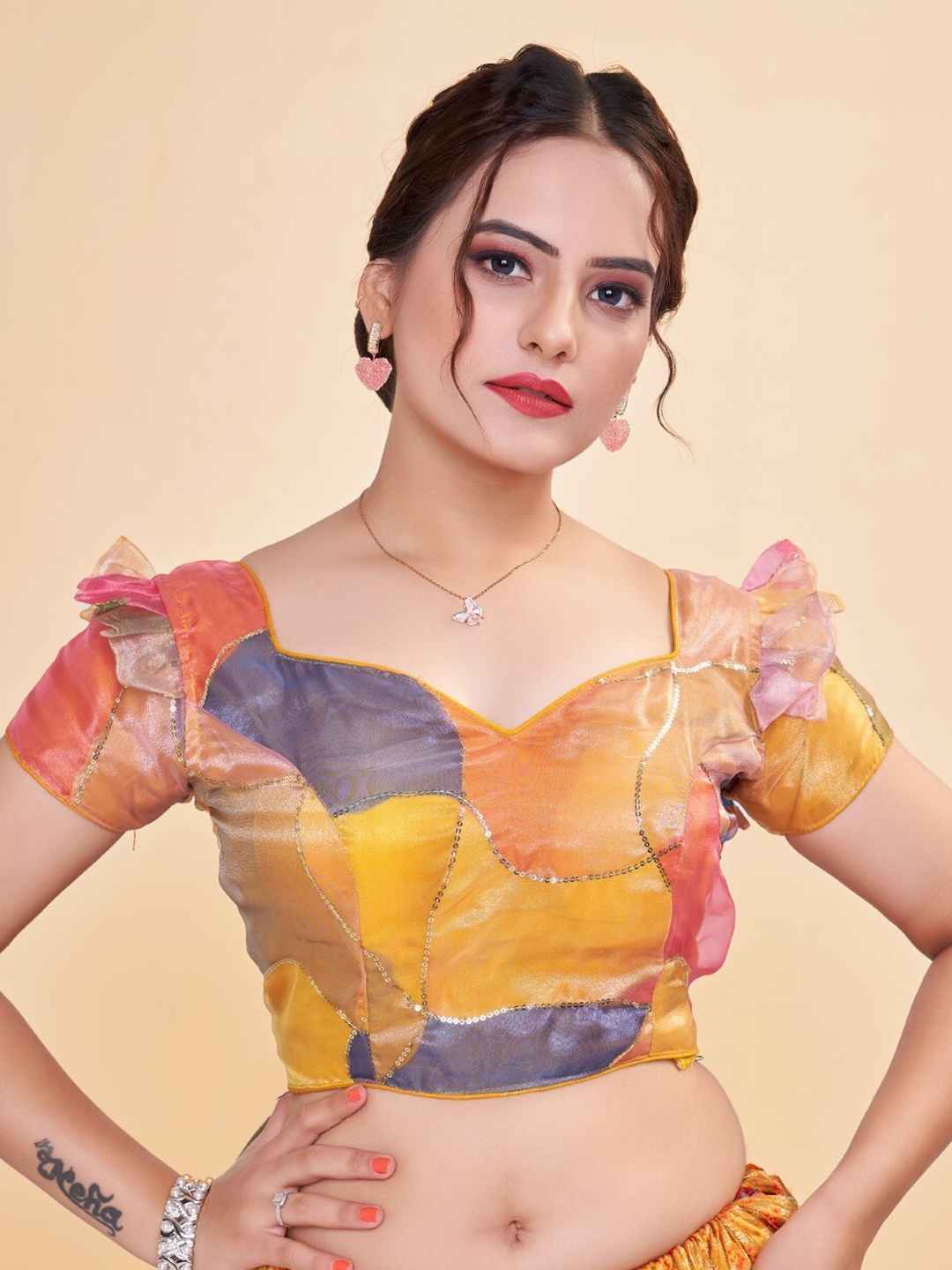 HIMRISE Embellished Sweetheart Neck Saree Blouse, Yellow