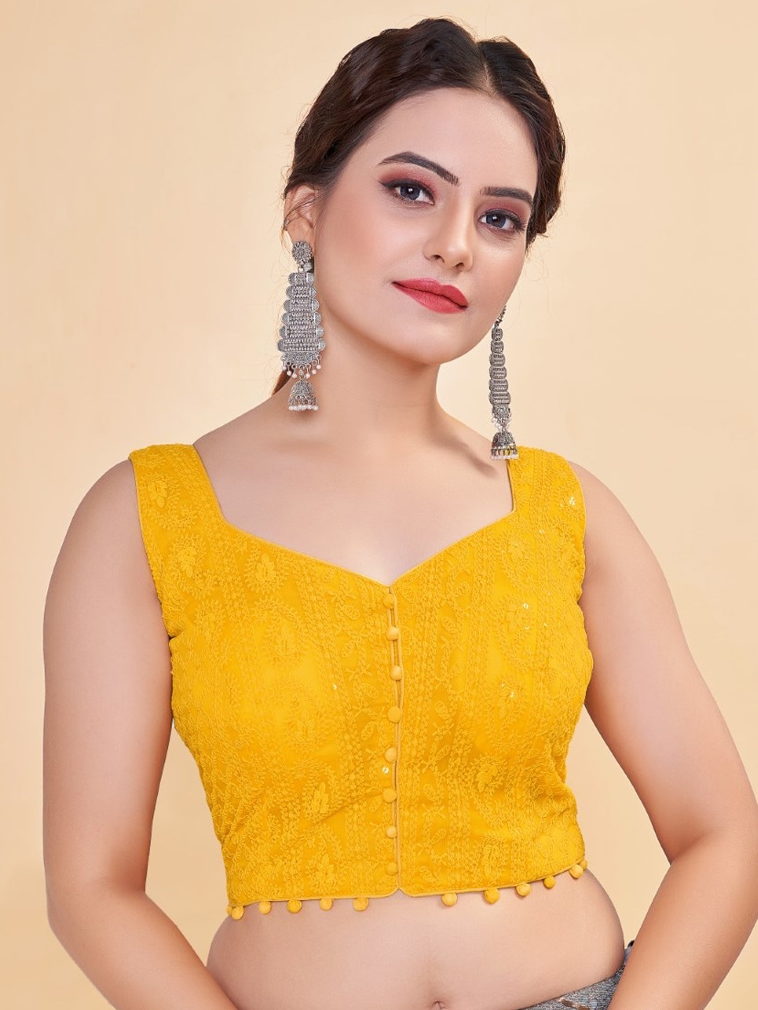 HIMRISE Embroidered Sweetheart Neck Georgette Saree Blouse, Yellow