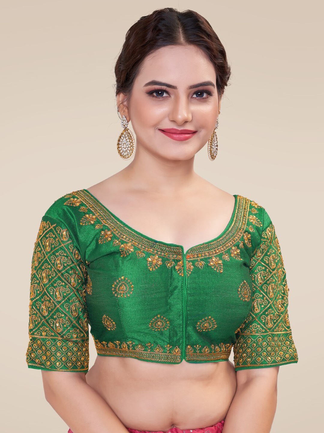 HIMRISE Embroidered Silk Saree Blouse, Green