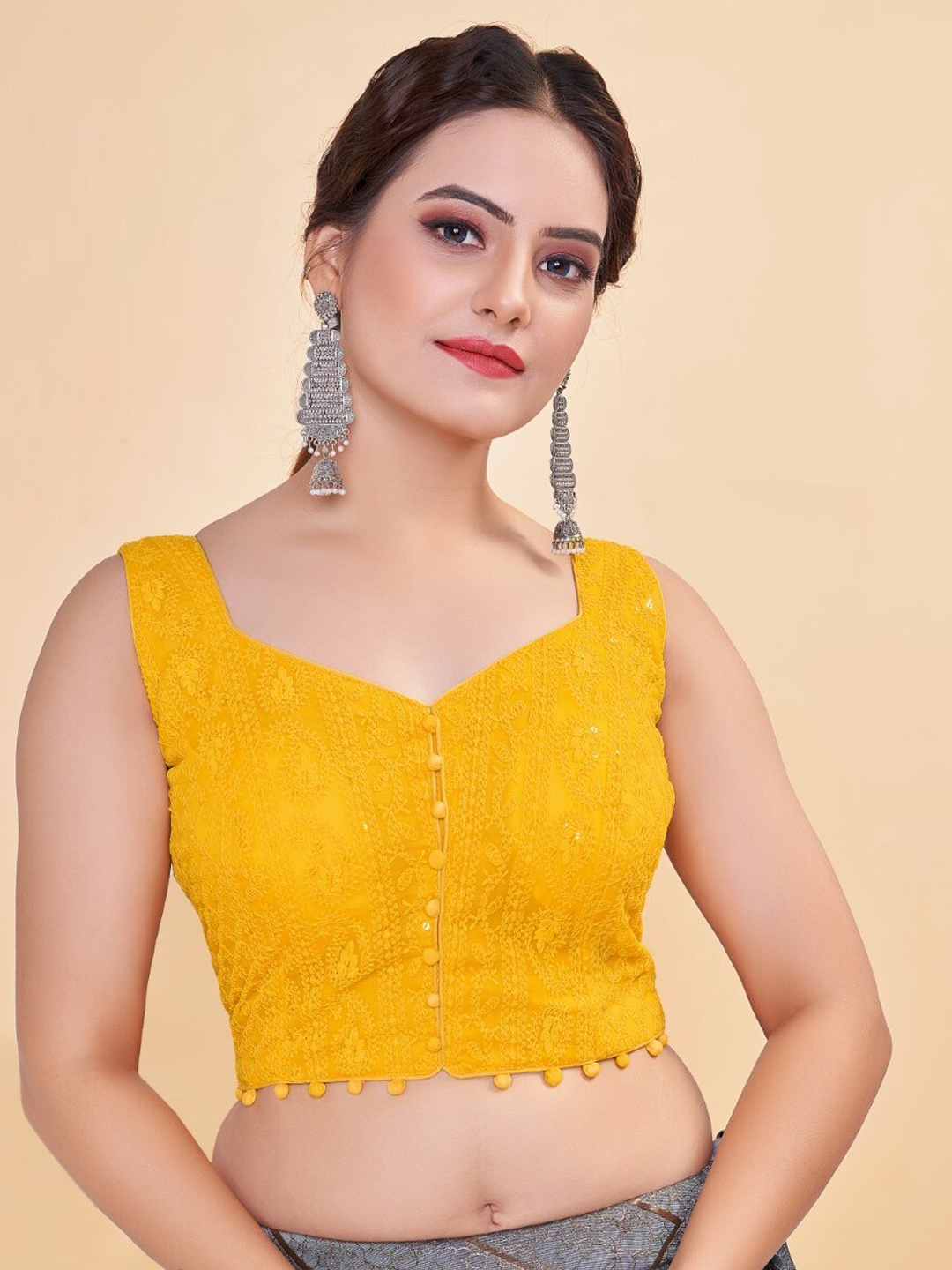 HIMRISE Embroidered Sweetheart Neck Saree Blouse, Yellow