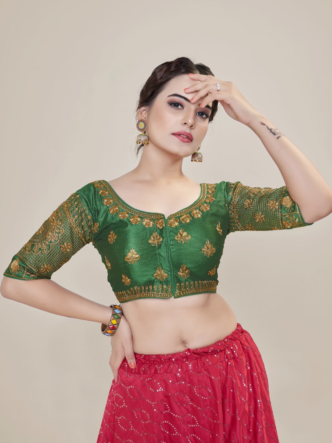 HIMRISE Embroidered Round Neck Silk Saree Blouse, Green