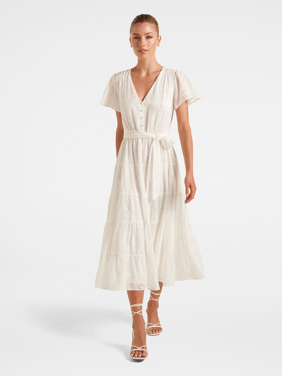 Forever New Flutter Sleeve Schiffli Tiered Cotton A-Line Midi Dress With Belt, White
Forever New Flutter Sleeve Schiffli Tiered Cotton A-Line Midi Dress With Belt, White