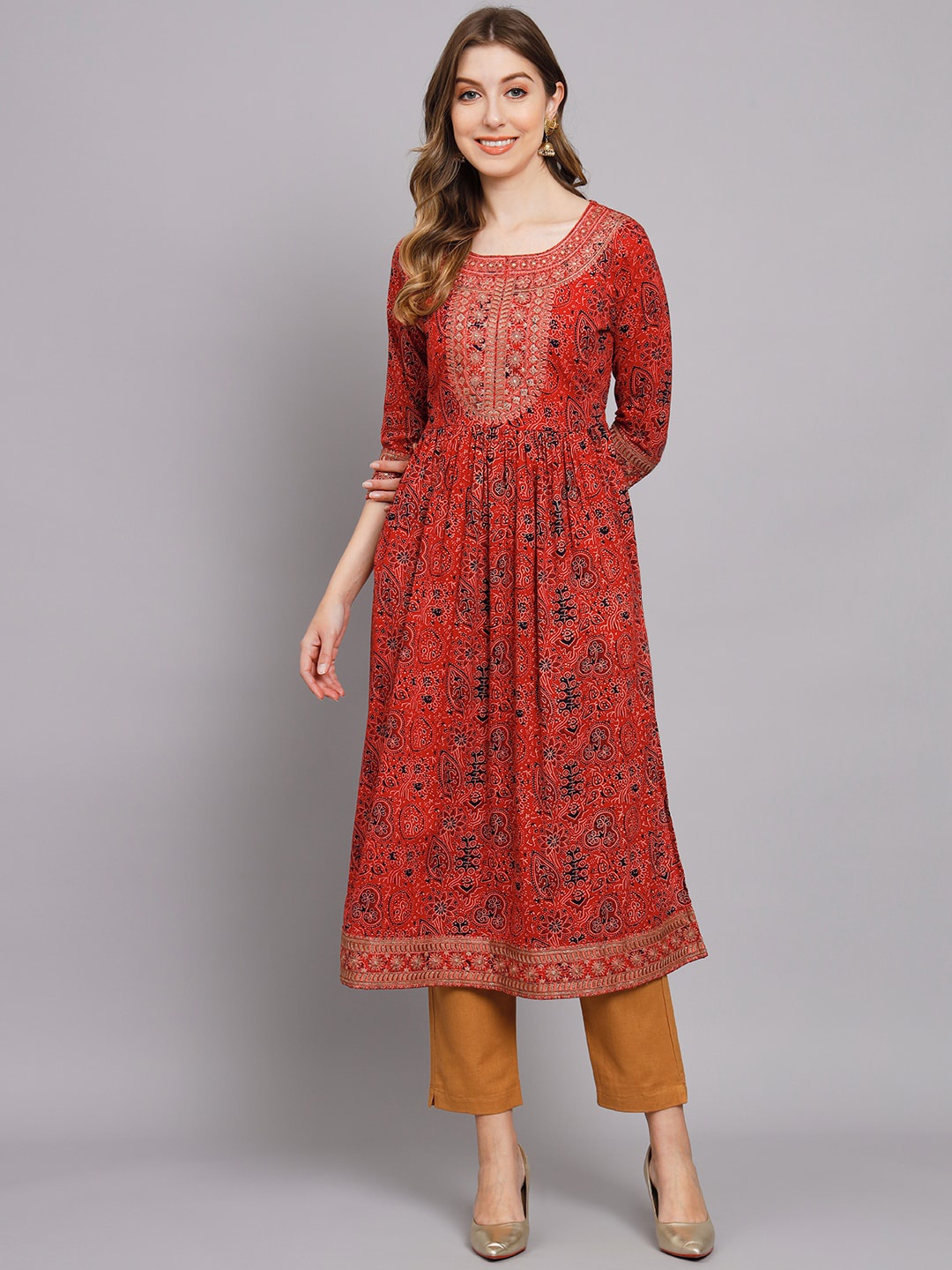 KALINI Women Red Geometric Yoke Design Flared Sleeves Mirror Work Summer Sheers Anarkali Kurta
KALINI Women Red Geometric Yoke Design Flared Sleeves Mirror Work Summer Sheers Anarkali Kurta