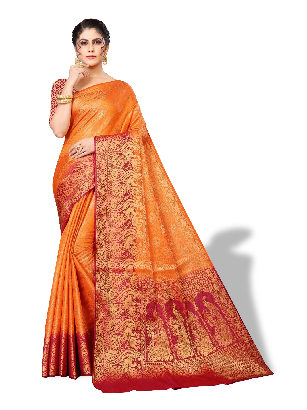 ZEEPKART Ethnic Woven Design Zari Kanjeevaram Saree, Orange